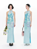 YEDM Blue Snake Print Neck Cheongsam Dress