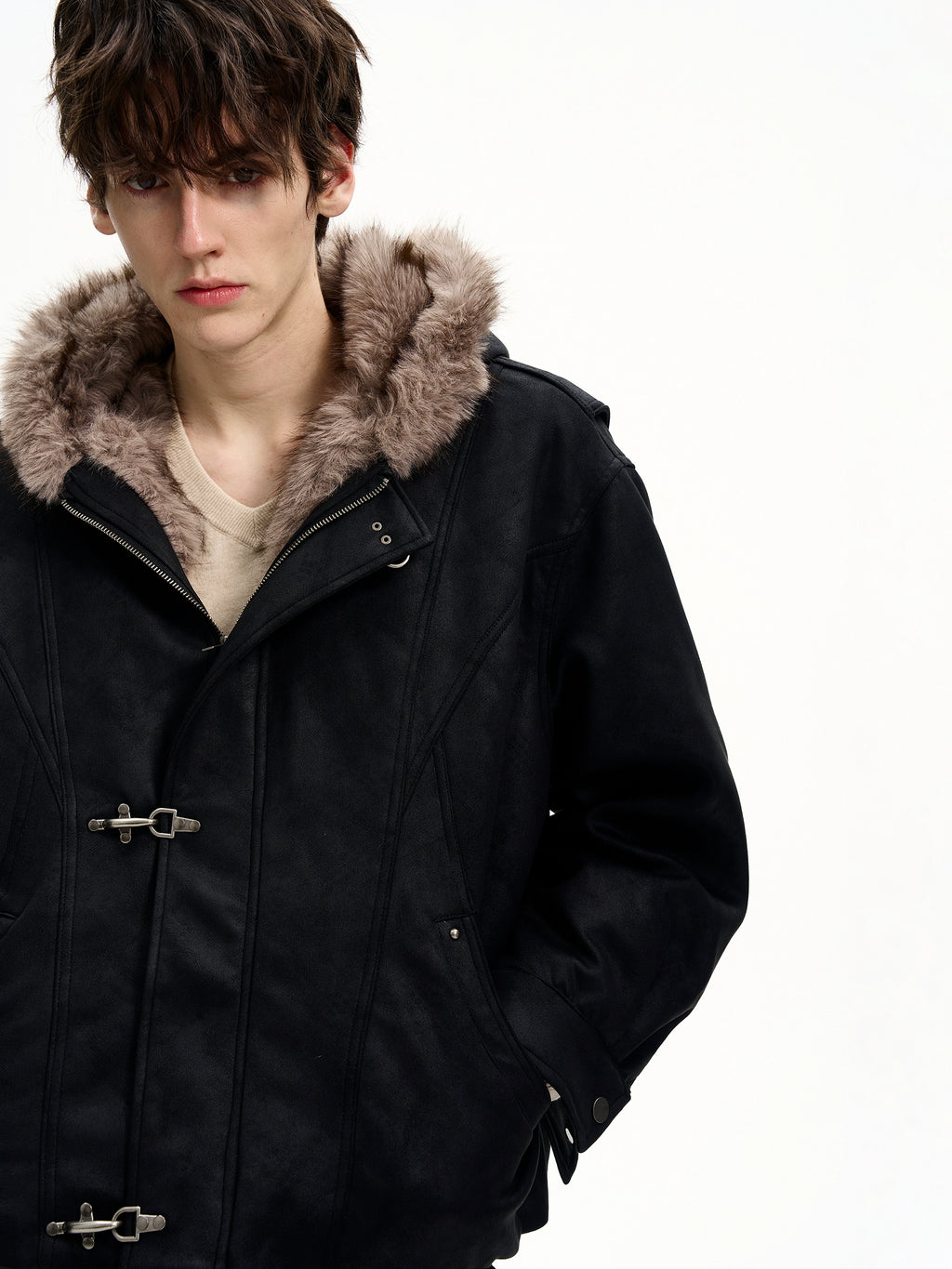 MaxDstr Spliced Aircraft Buckle Hooded Leather Jacket