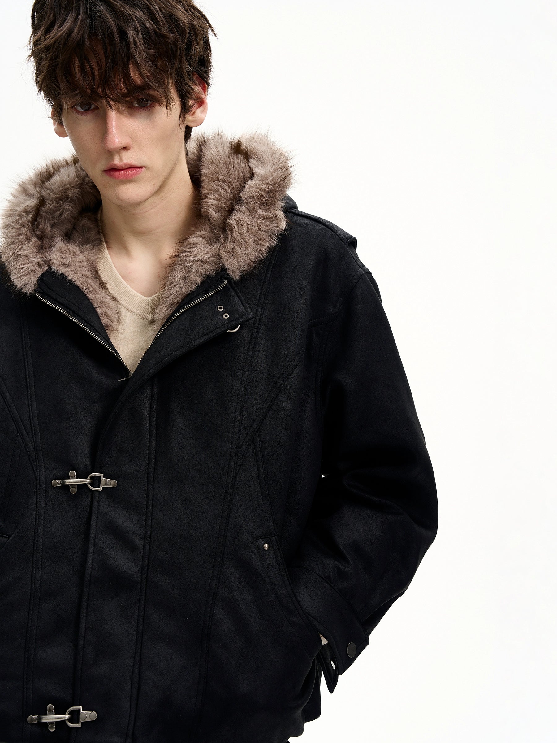 MaxDstr Spliced Aircraft Buckle Hooded Leather Jacket