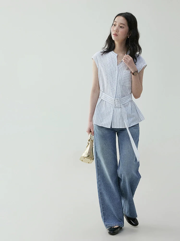 VOOE Temperament Pure Cotton Thin Belt Shirt