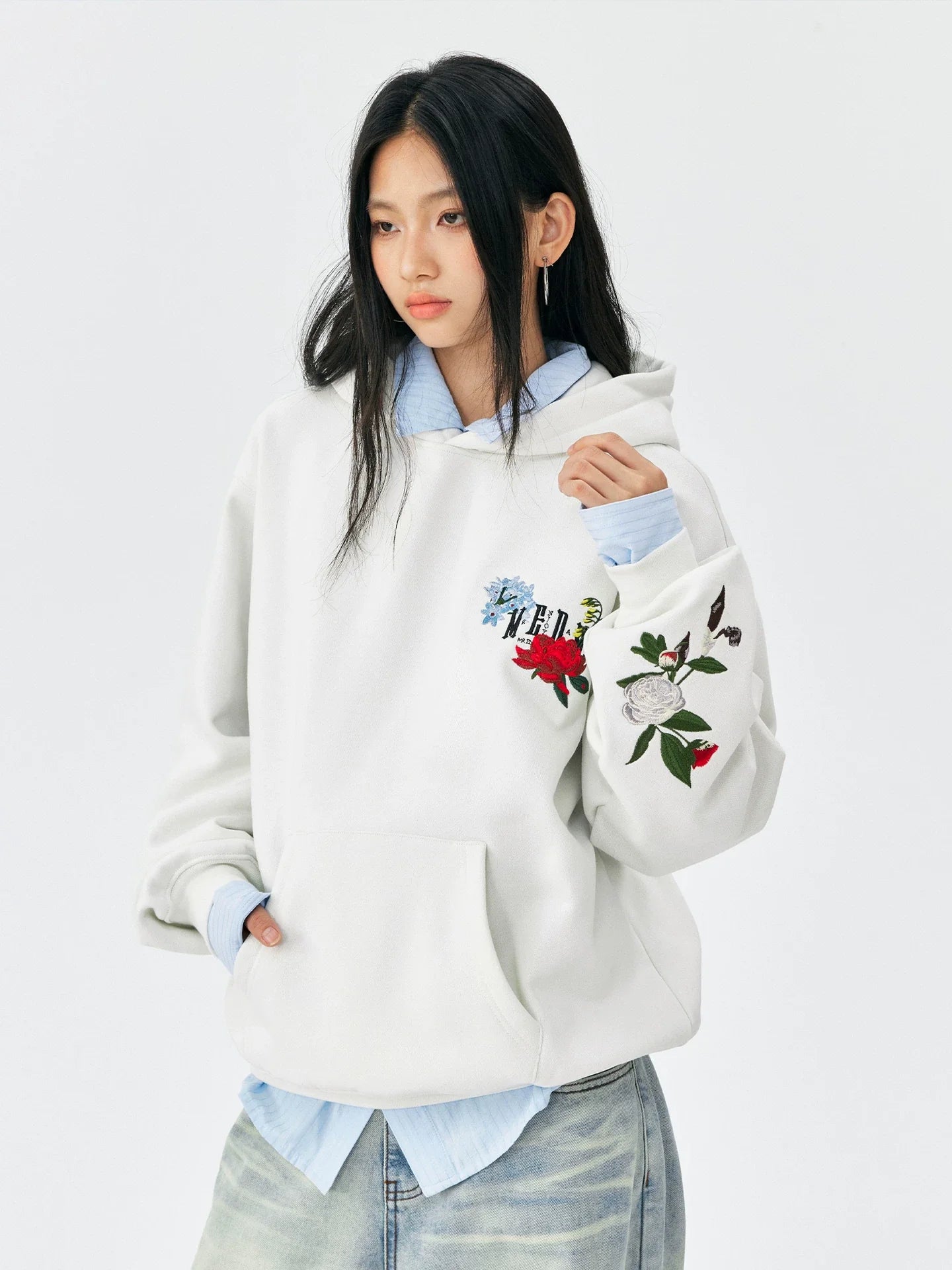 MEDM Floral Embroidered Casual Hooded Sweater