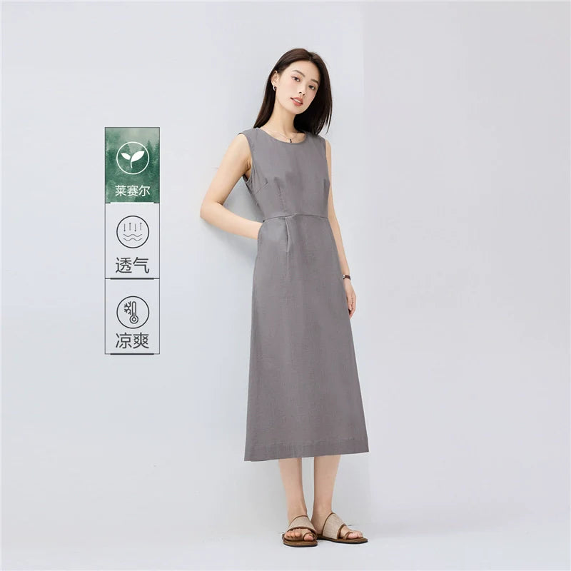 Giordano Minimalist Pleated Round Neck Sleeveless Dress