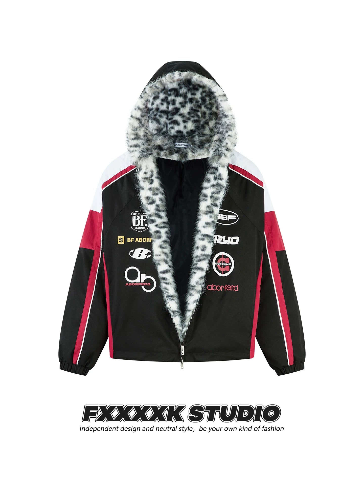 FXK Original Leopard Print Fur Collar Motorcycle Jacket
