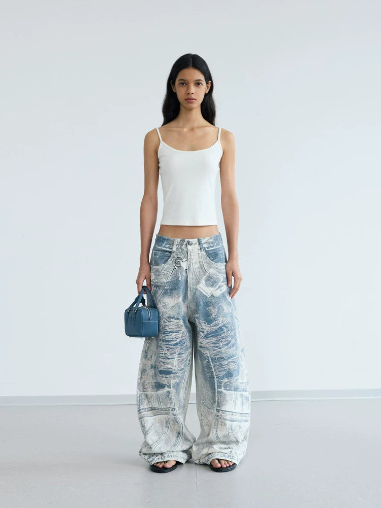 PEOPLESTYLE 3D Printed Jeans Keychain Baggy Wide Leg Pants