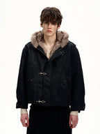 MaxDstr Spliced Aircraft Buckle Hooded Leather Jacket