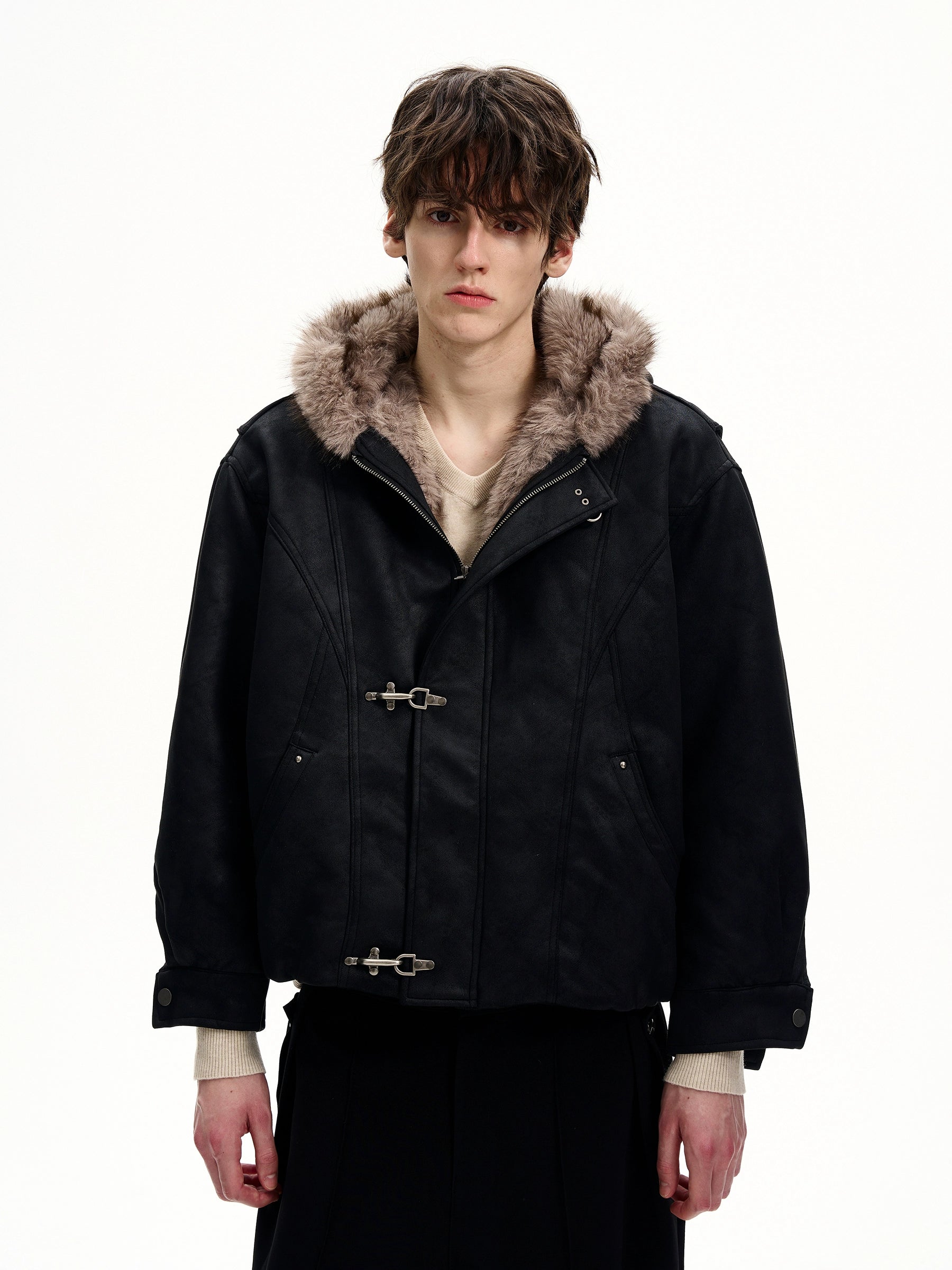 MaxDstr Spliced Aircraft Buckle Hooded Leather Jacket