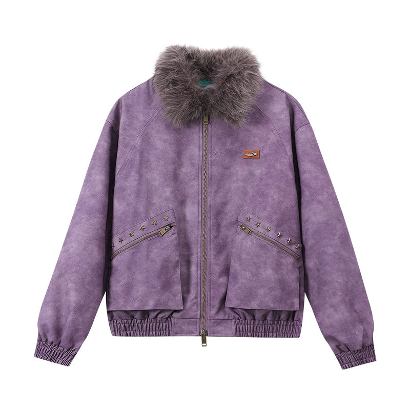 Mr. Jiangnan NewJNXS Retro PU Leather Jacket with Detachable Fur Collar