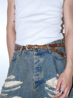 Darkblue Store Brown Distressed Leather Flower Buckle Belt