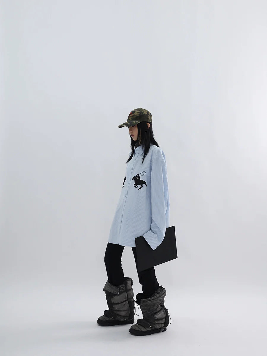 FUZZYKON Lapel Simple Equestrian Print Loose Shirt