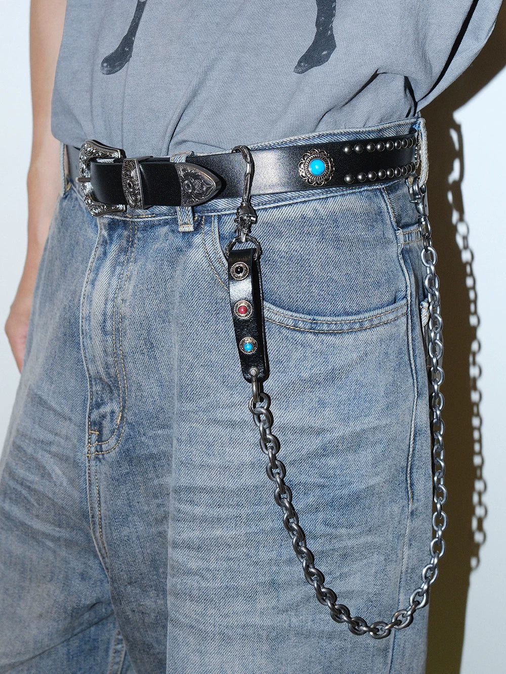 Darkblue Store Ethnic Stone Grain Cowhide Iron Hip Hop Waist Chain