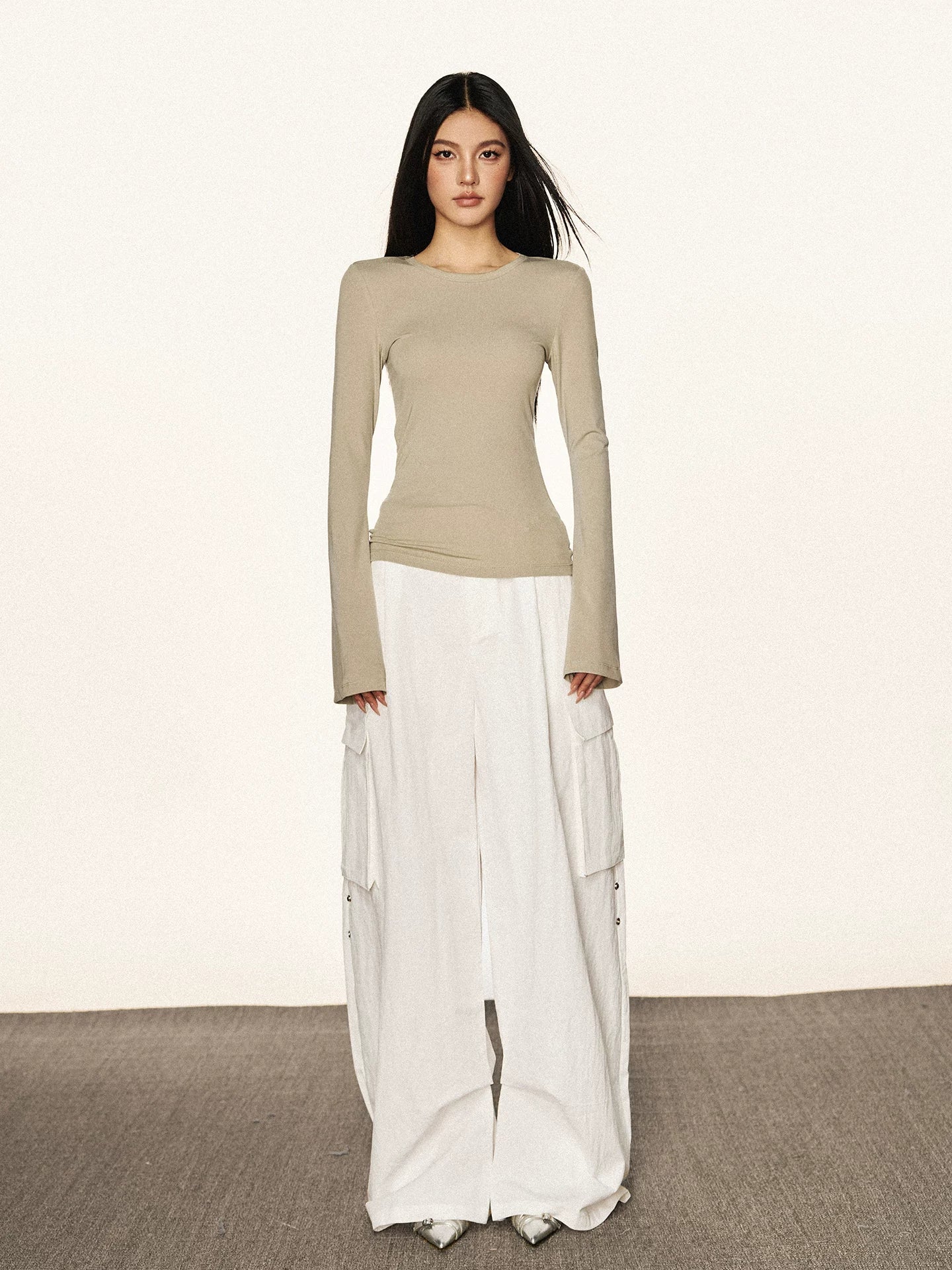 Cherry Melody Retro Tencel Horn Sleeve Slim Crew Neck Long Sleeve