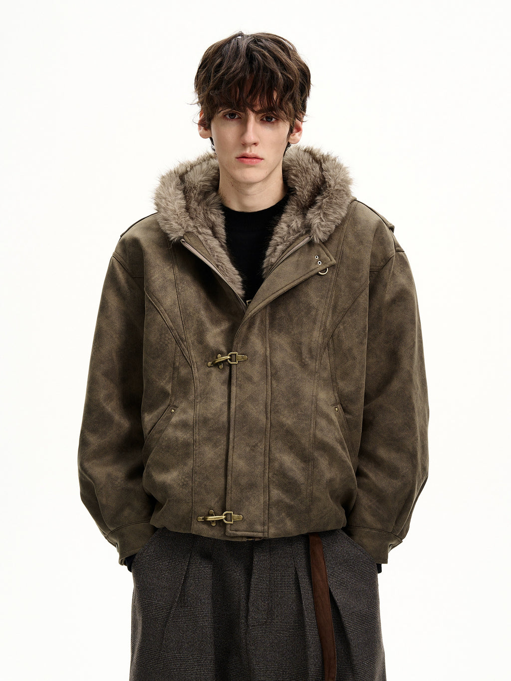 MaxDstr Spliced Aircraft Buckle Hooded Leather Jacket