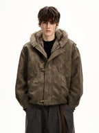 MaxDstr Spliced Aircraft Buckle Hooded Leather Jacket