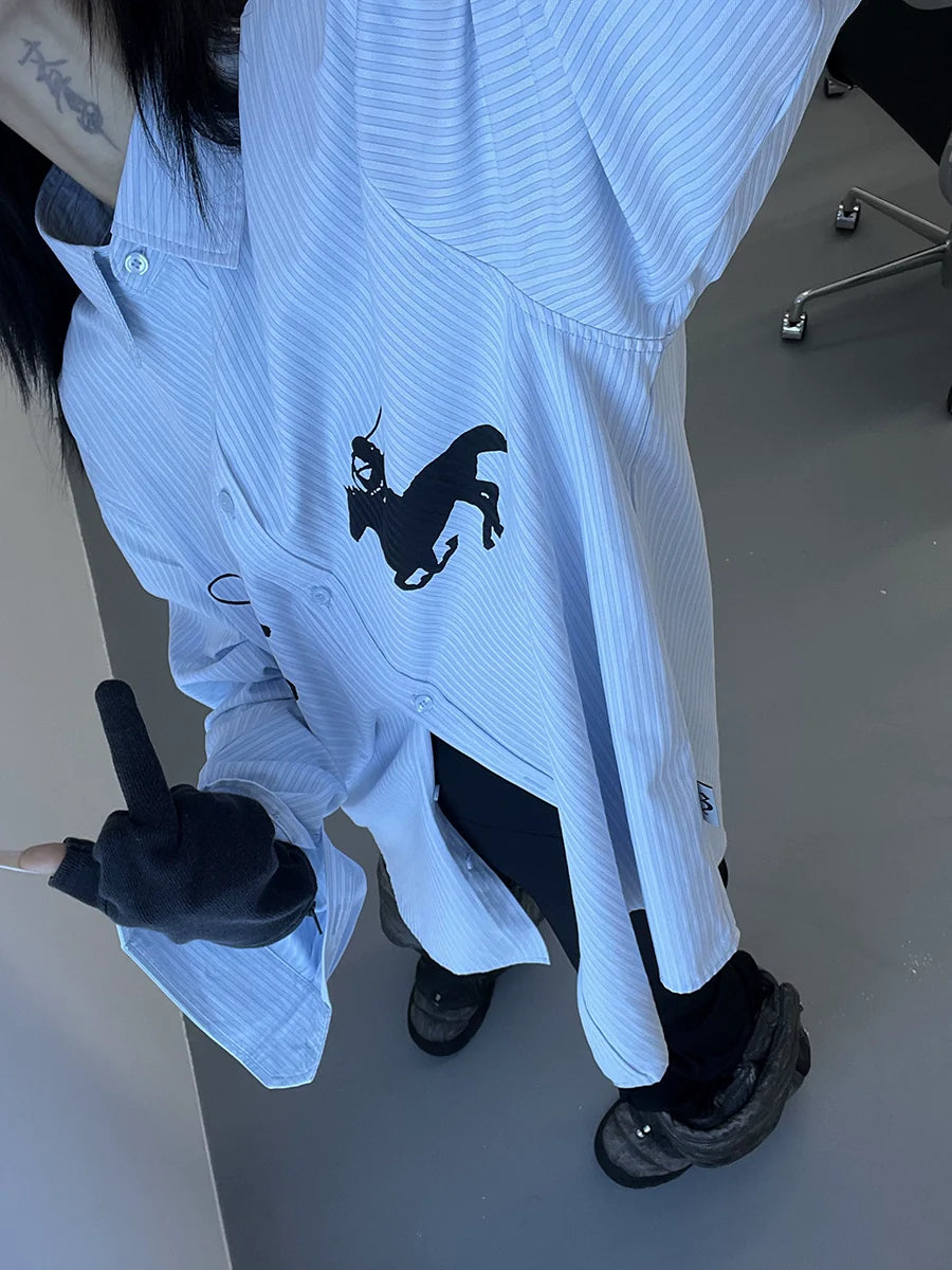 FUZZYKON Lapel Simple Equestrian Print Loose Shirt