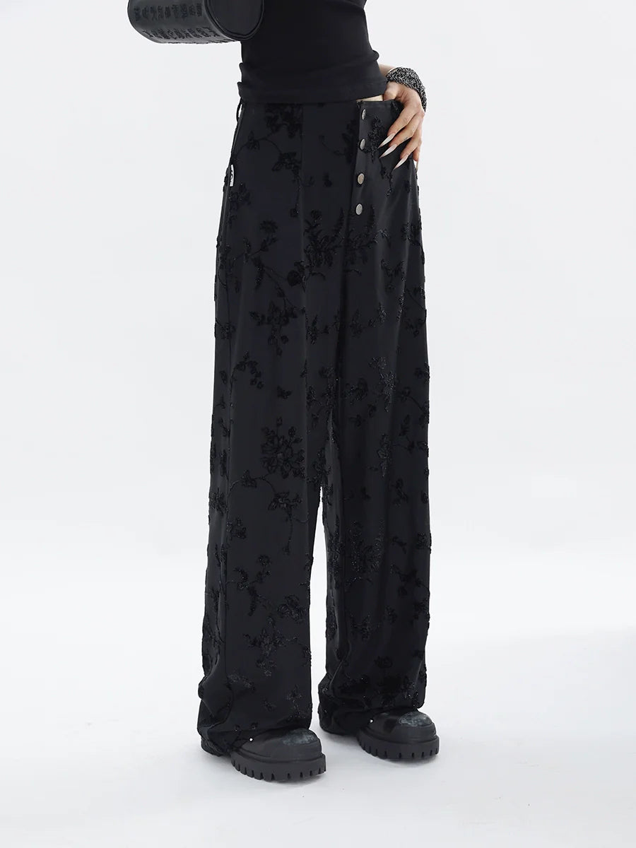 FUZZYKON Button Placket Light Drop Straight Loose Flocking Pants