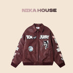 NIKAHOUSE Embroidered Cat Mouse Motorcycle Leather Jacket