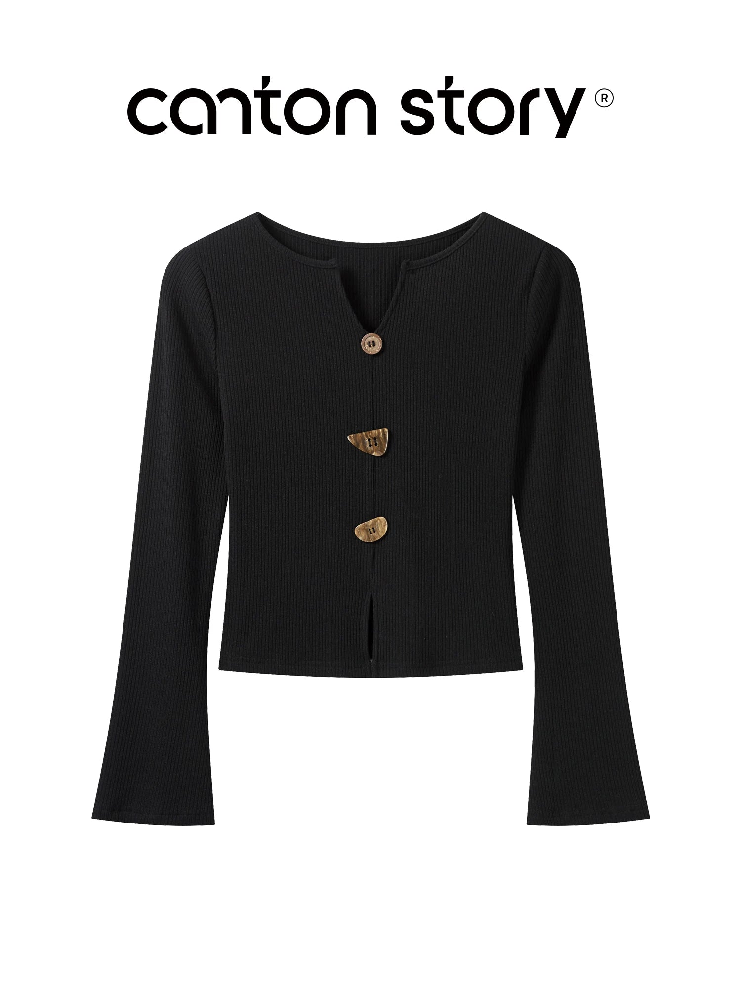 cantonstory Korean V Neck Slim Knit Long Sleeve Top