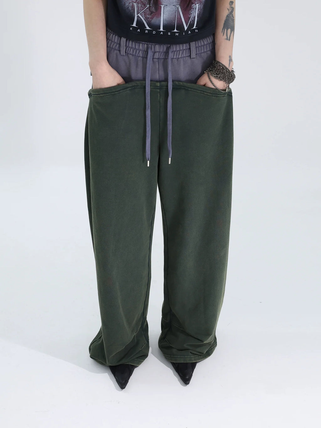 FUZZYKON Loose Old Splicing Double Waist Sweatpants