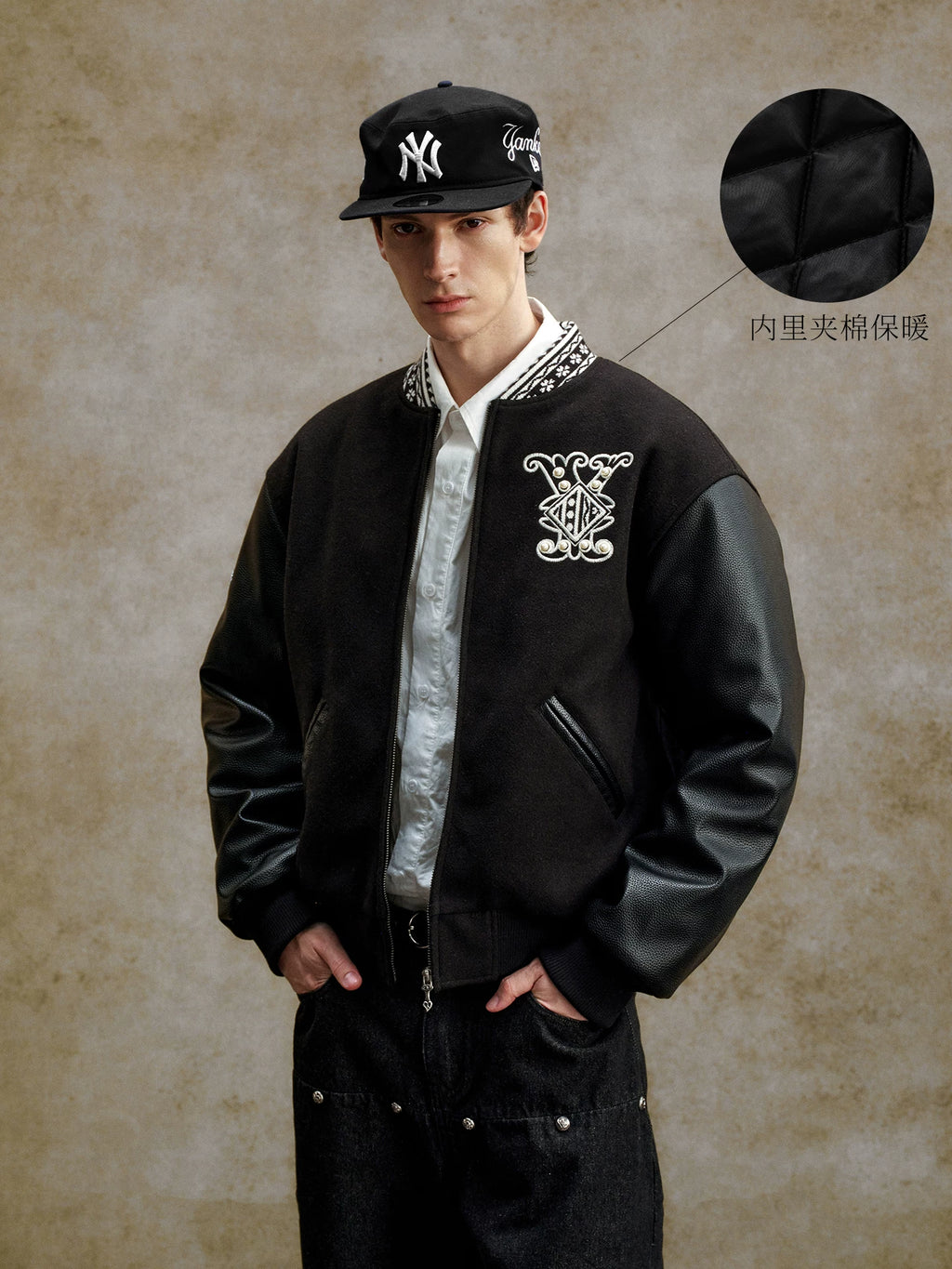 YADcrew Fair Isle Threaded Collar Nailed Pearl Baseball Jacket