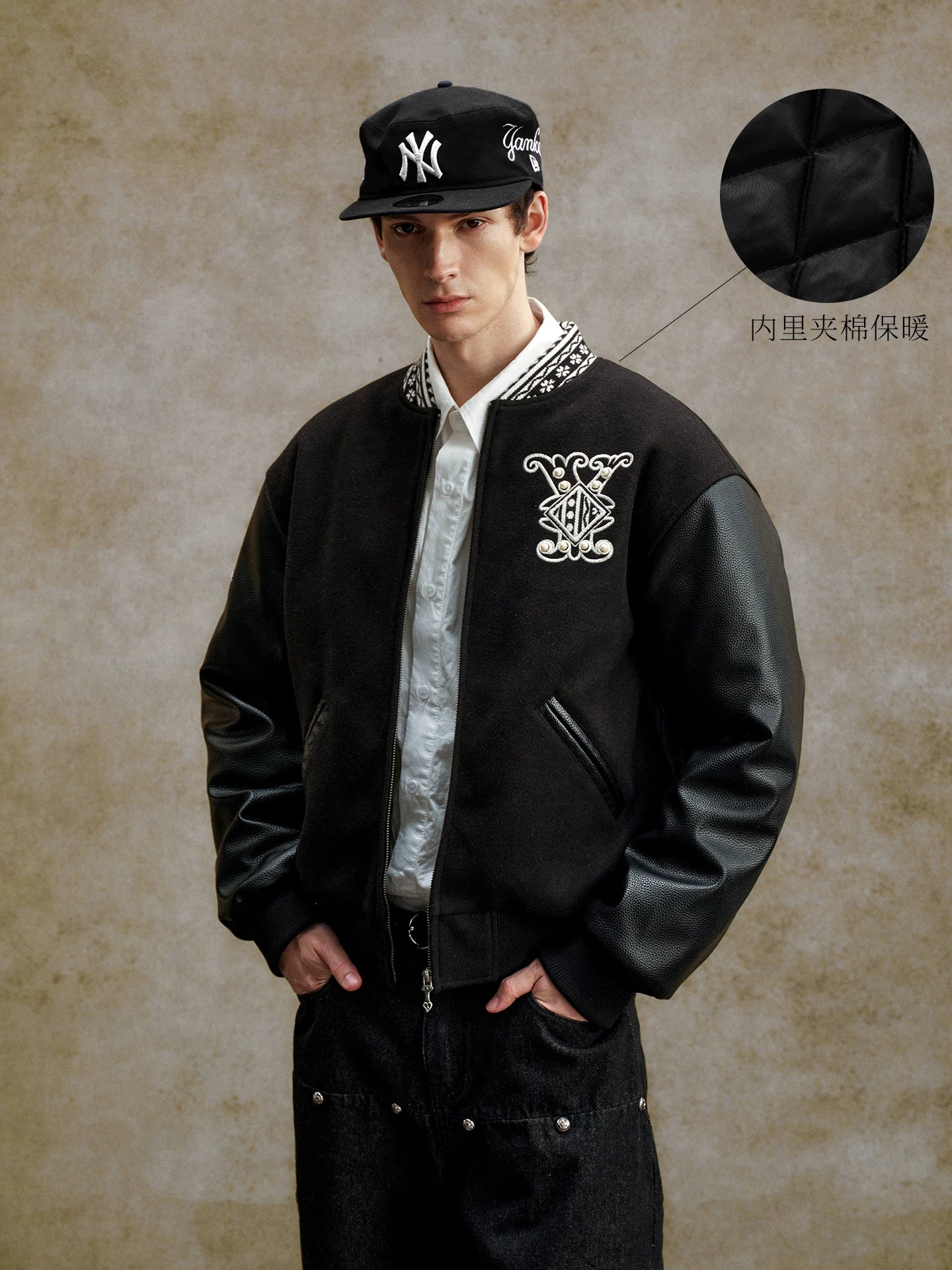 YADcrew Fair Isle Threaded Collar Nailed Pearl Baseball Jacket