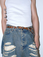 Darkblue Store Brown Distressed Leather Flower Buckle Belt