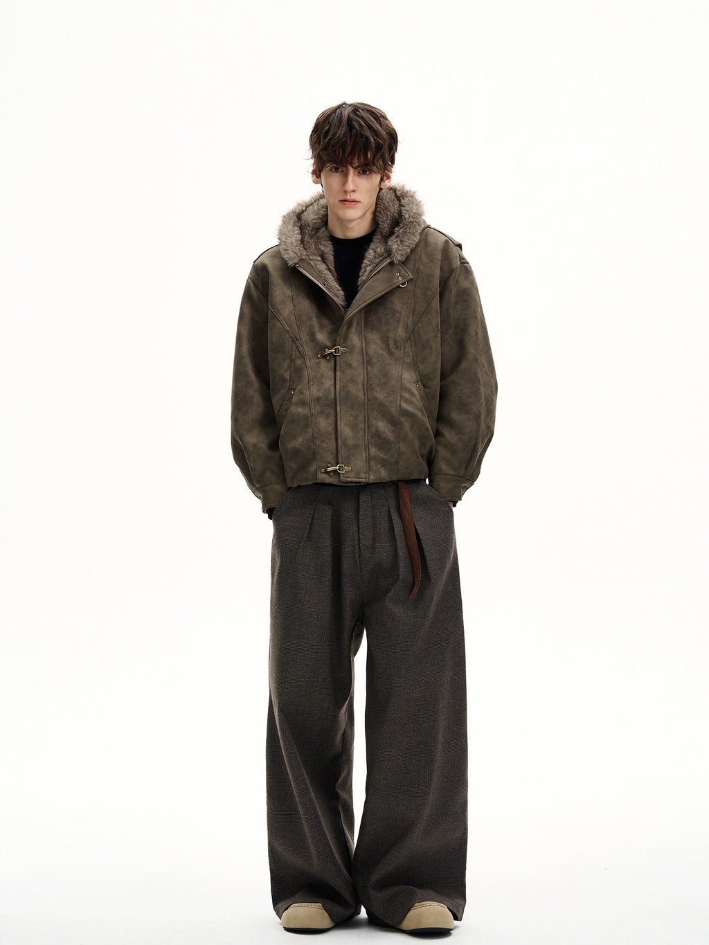 MaxDstr Spliced Aircraft Buckle Hooded Leather Jacket