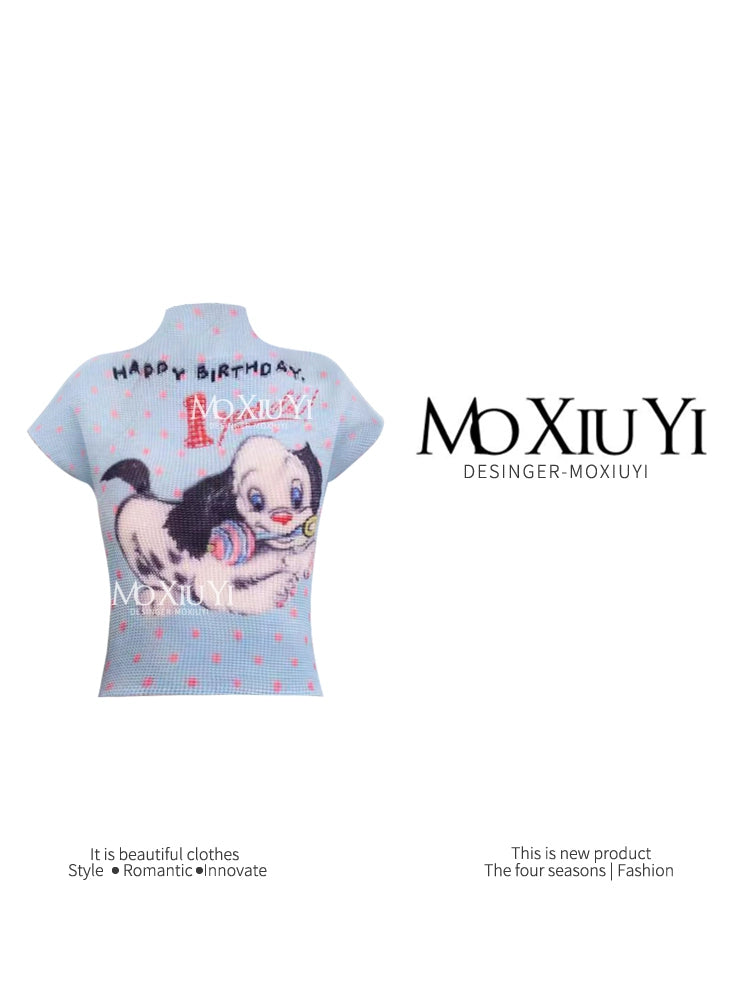 MoXiuYi Spot Blue Pink Dalmatian Pleated Half Turtleneck T-shirt