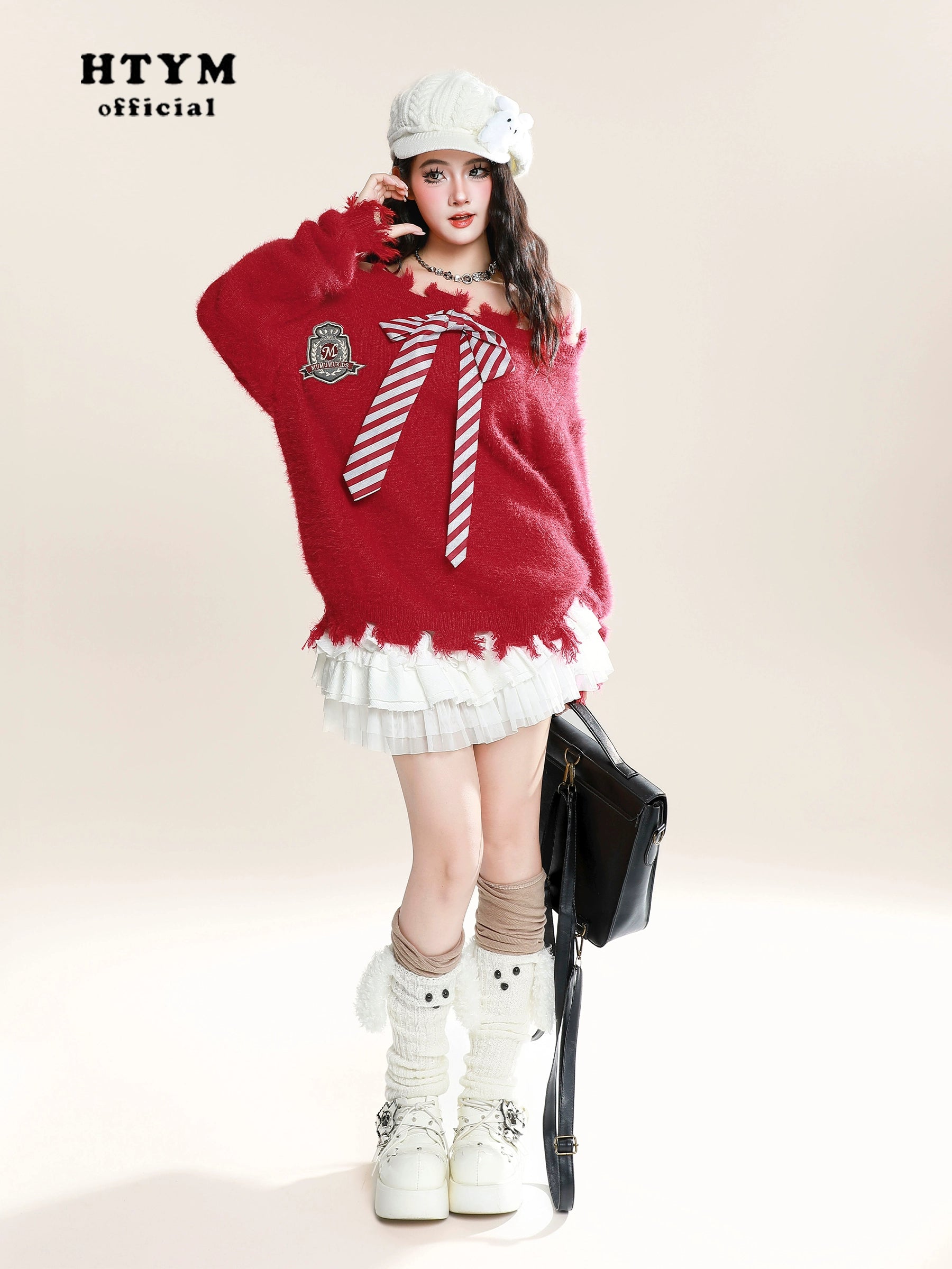 HTYM Striped One-Shoulder Mohair Sweater for Women