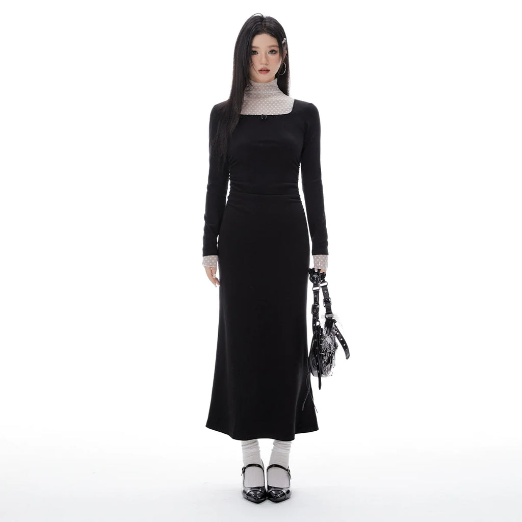 Imone Pleated Waist Mesh Stitching Semi-turtleneck Dress