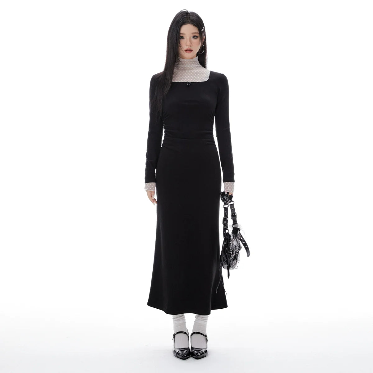 Imone Pleated Waist Mesh Stitching Semi-turtleneck Dress