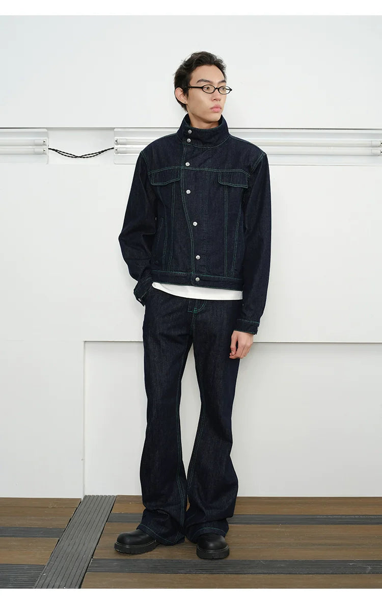 KREATE Contrasting Bright Line Diagonal Placket Stand-up Collar Denim Jacket