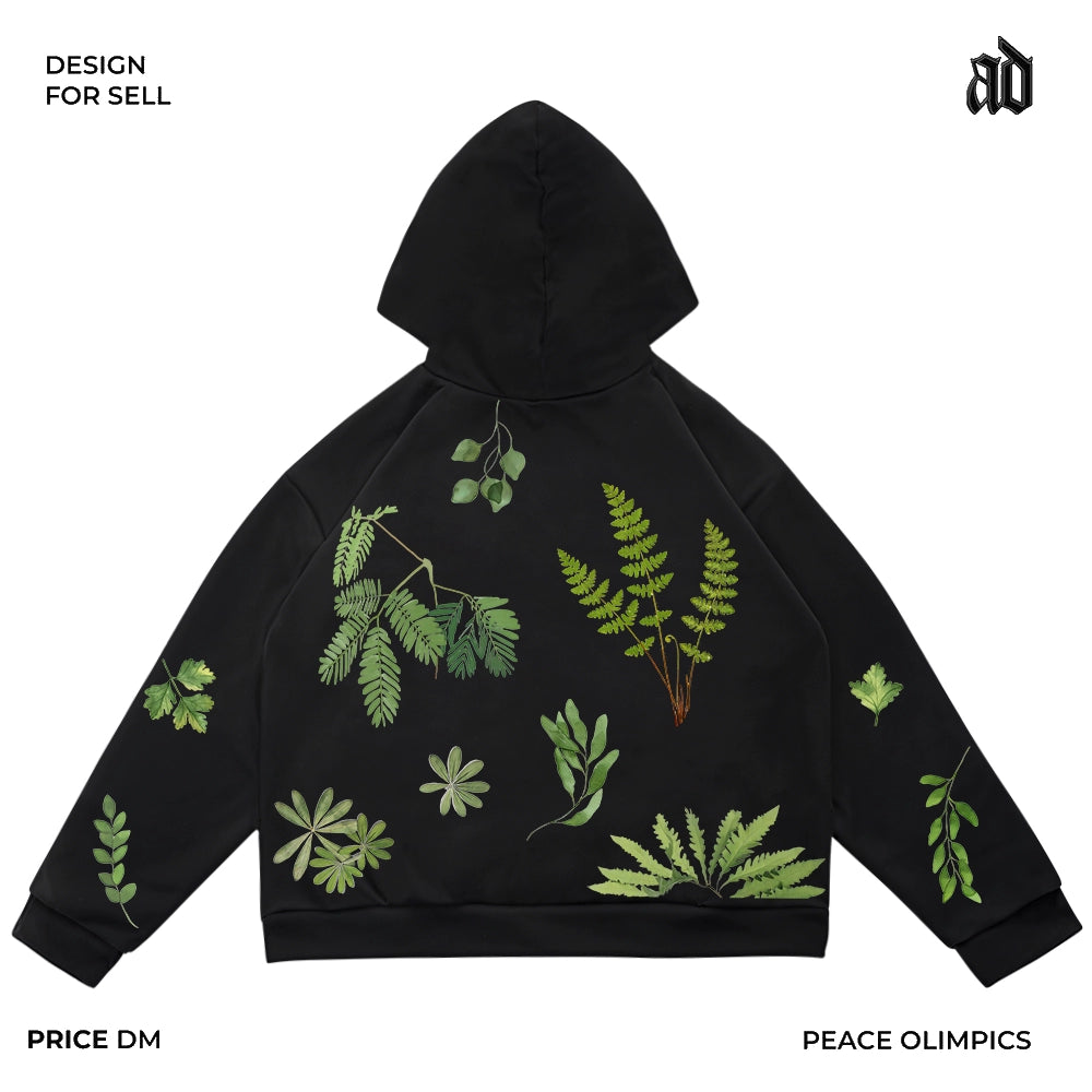 Artist Series Plant Print Retro Hooded Sweatshirt
