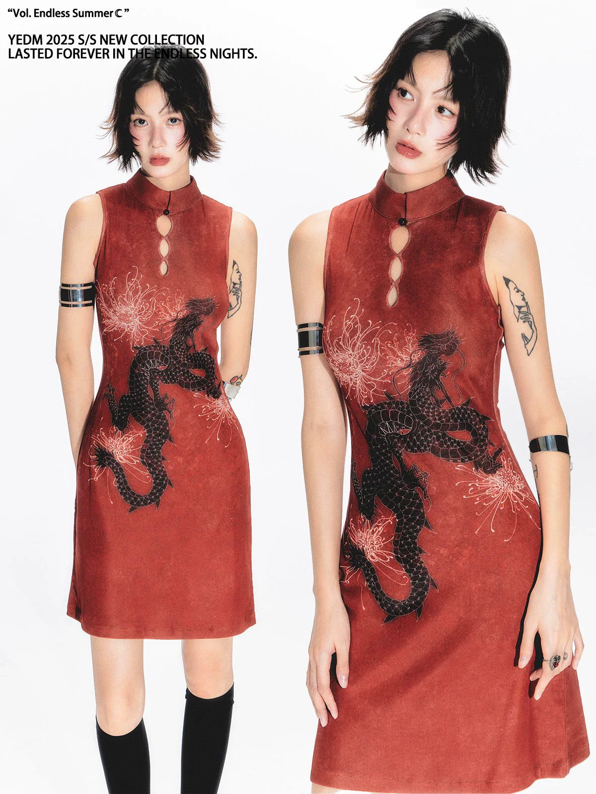 YEDM Dragon Print Stand-up Collar Sleeveless Dress