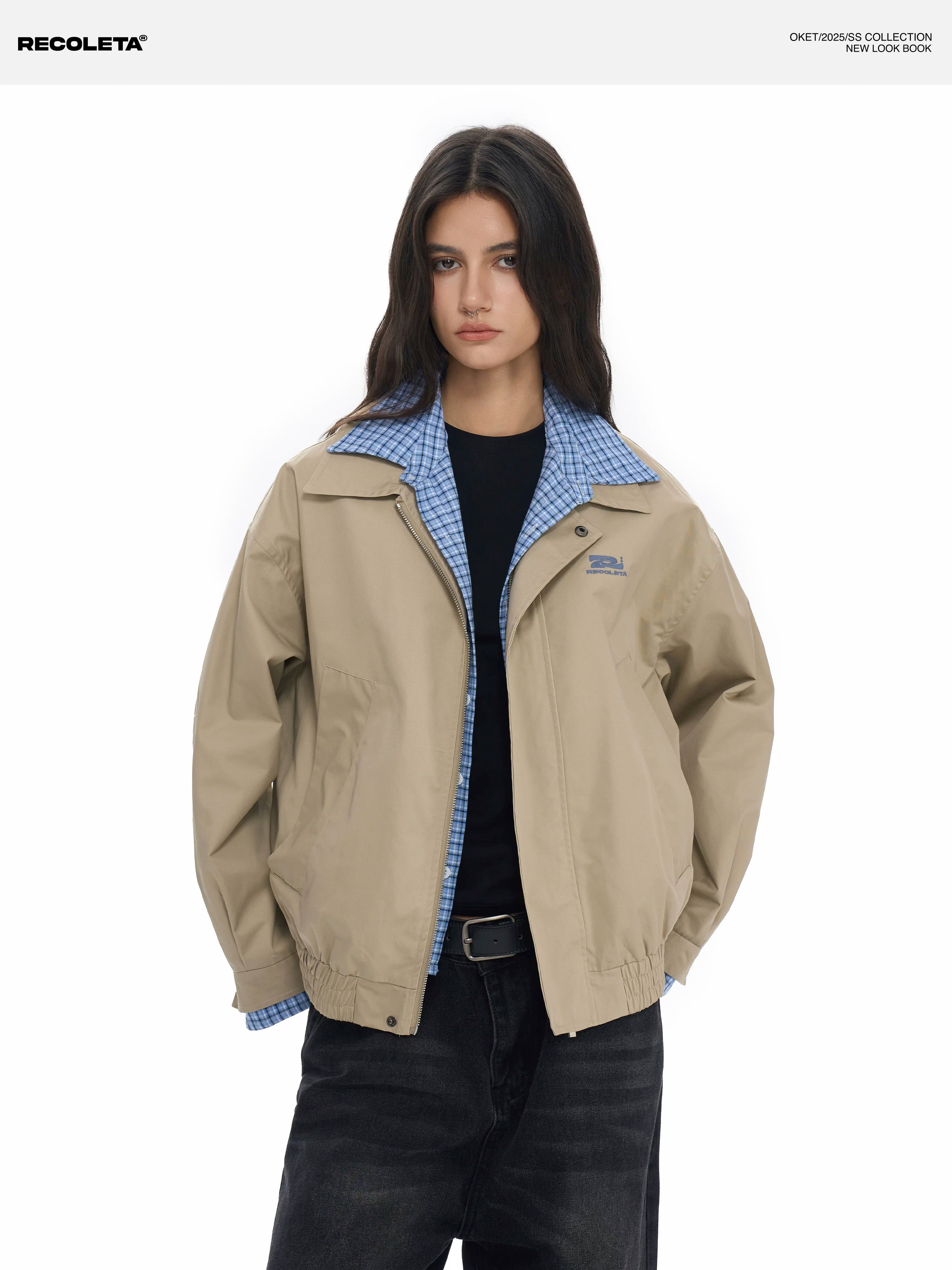 RECOLETA Plaid Spliced Fake Two Piece Cardigan Jacket