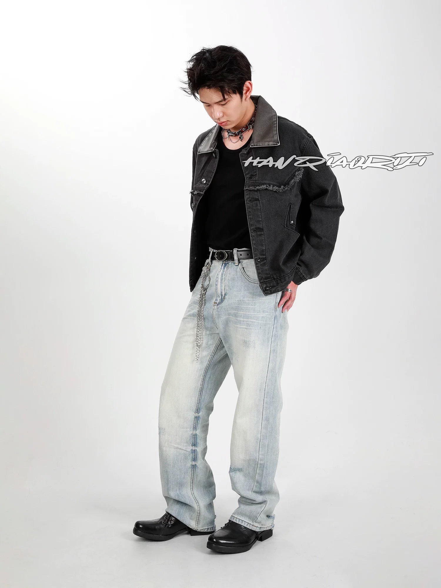 HANQIAORJI Diagonal Lace-up Horse Leather Pointed Leather Shoes