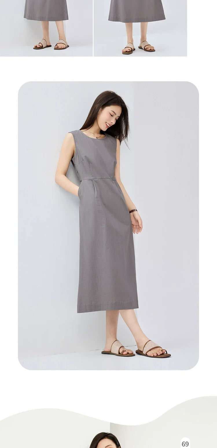 Giordano Minimalist Pleated Round Neck Sleeveless Dress