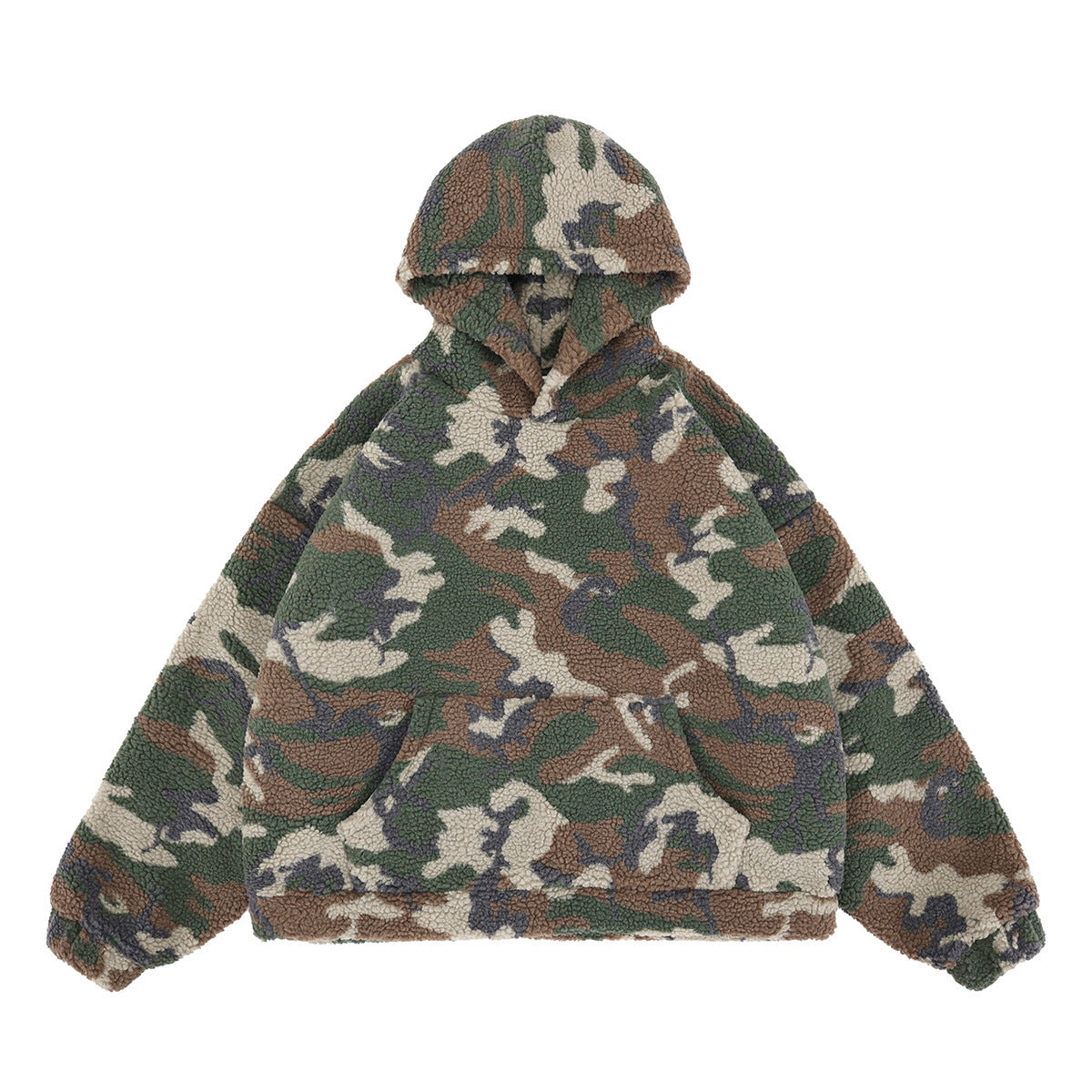 SUPER WAY Vintage Camo Lamb Fleece Hooded Sweater