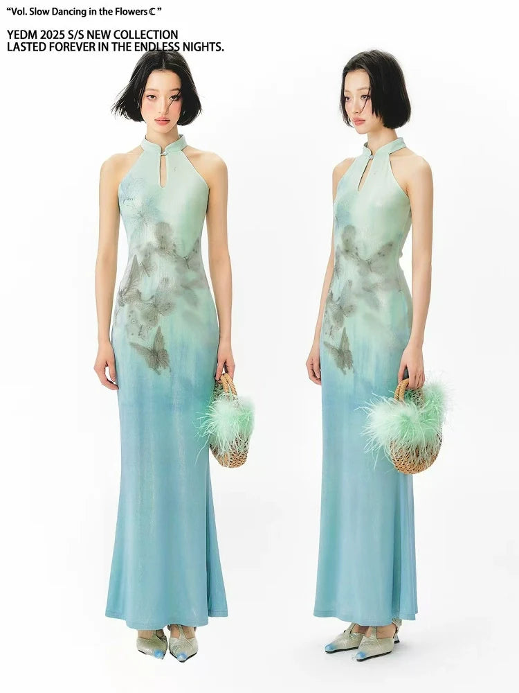 YEDM Butterfly Print Neck Fishtail Dress