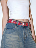 Darkblue Store Red Flower Stitching Punch-Free Plaid Belt