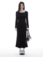 Imone Pleated Waist Mesh Stitching Semi-turtleneck Dress