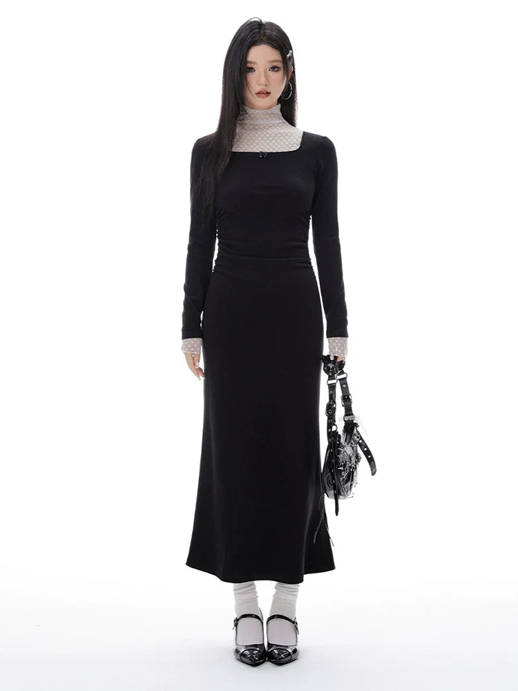 Imone Pleated Waist Mesh Stitching Semi-turtleneck Dress