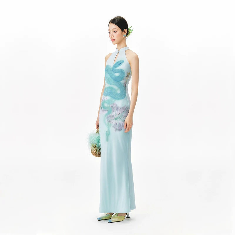 YEDM Blue Snake Print Neck Cheongsam Dress