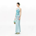 YEDM Blue Snake Print Neck Cheongsam Dress
