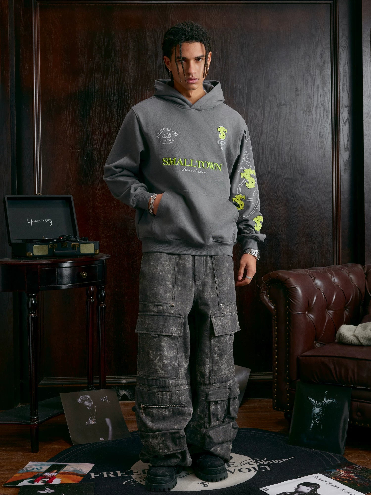 STK SmallTownKid Cross Patch Leather Hooded Sweatshirt