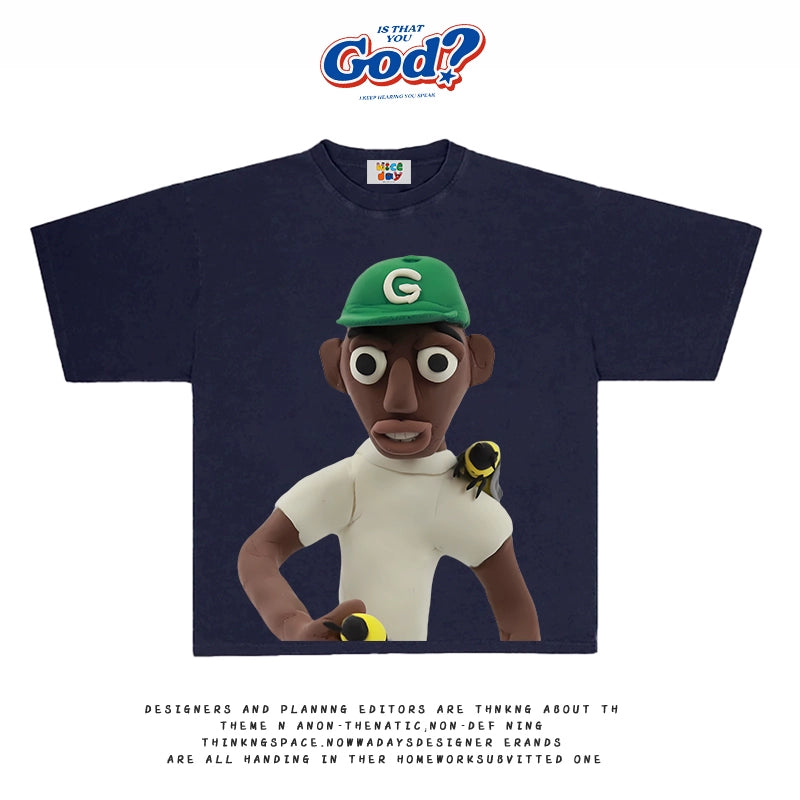 GOODGOD Green Hat Boy Printed Casual T-Shirt