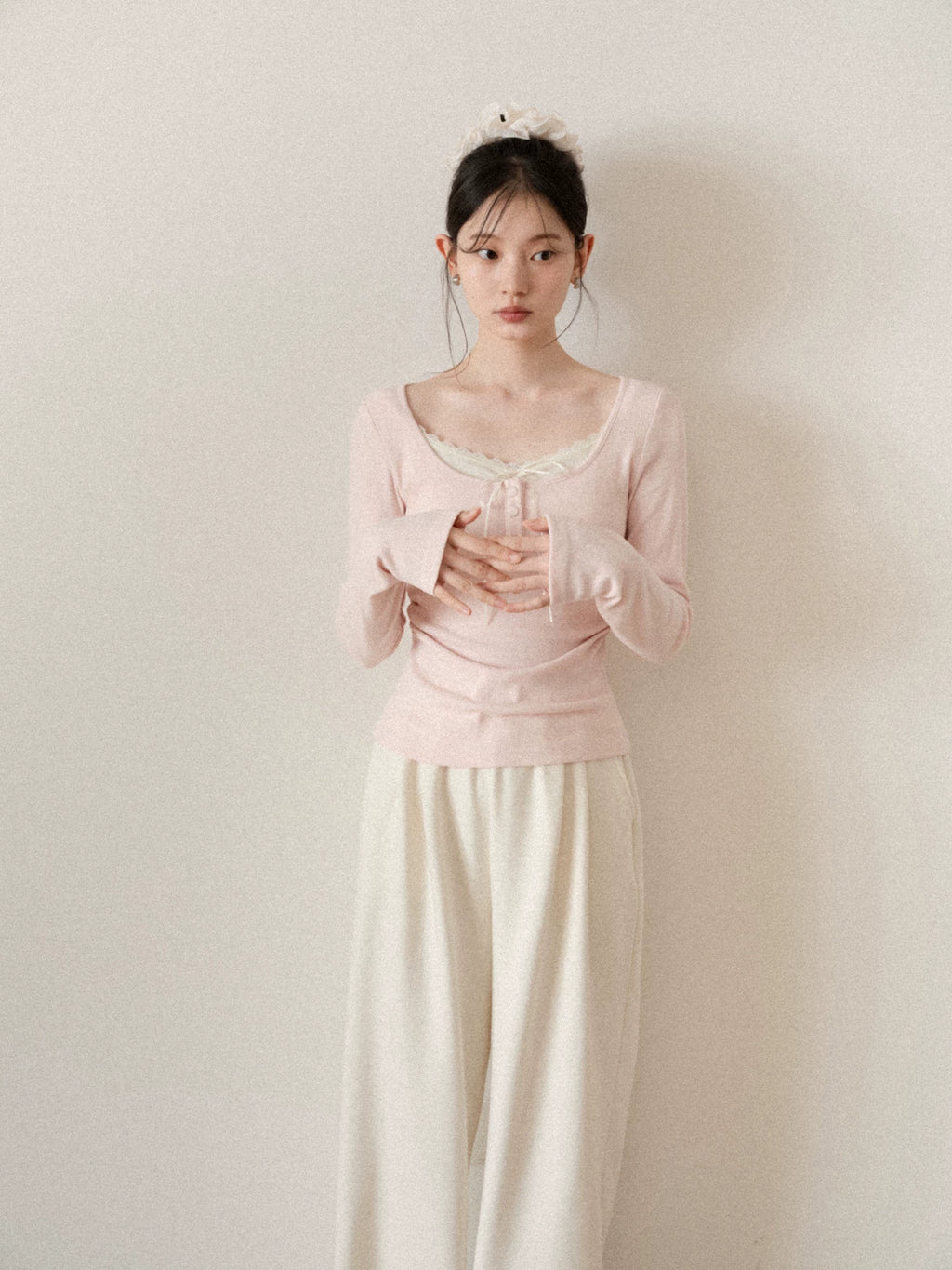 cantonstory French Lace Splicing Knit Long Sleeve Top