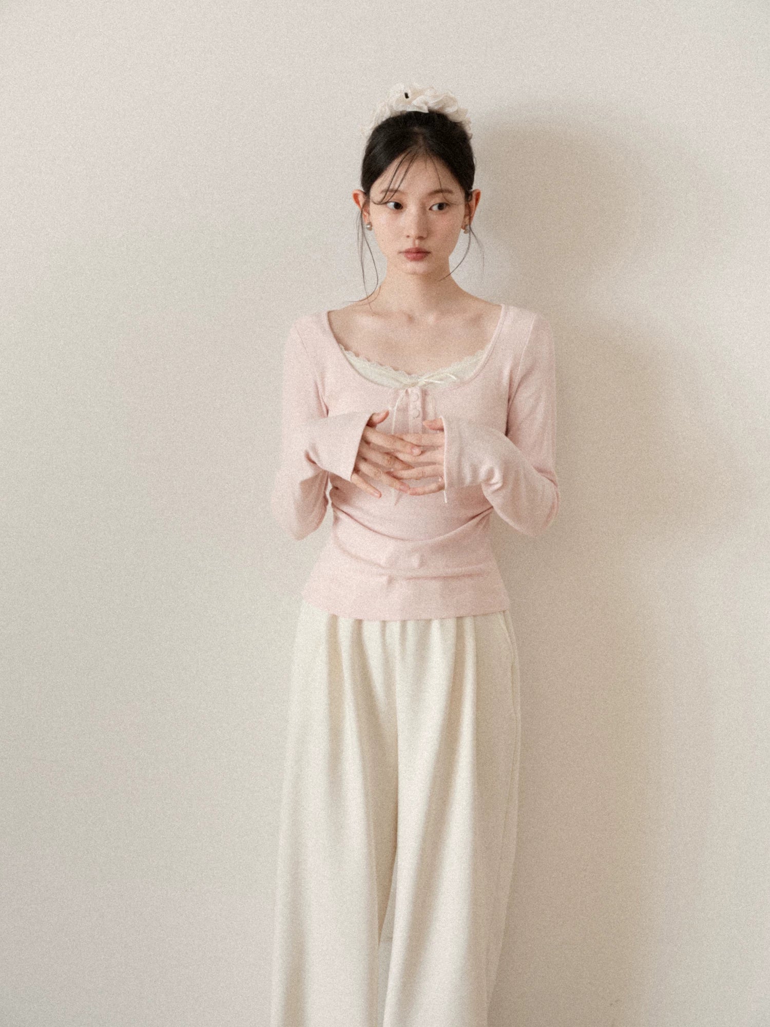 cantonstory French Lace Splicing Knit Long Sleeve Top