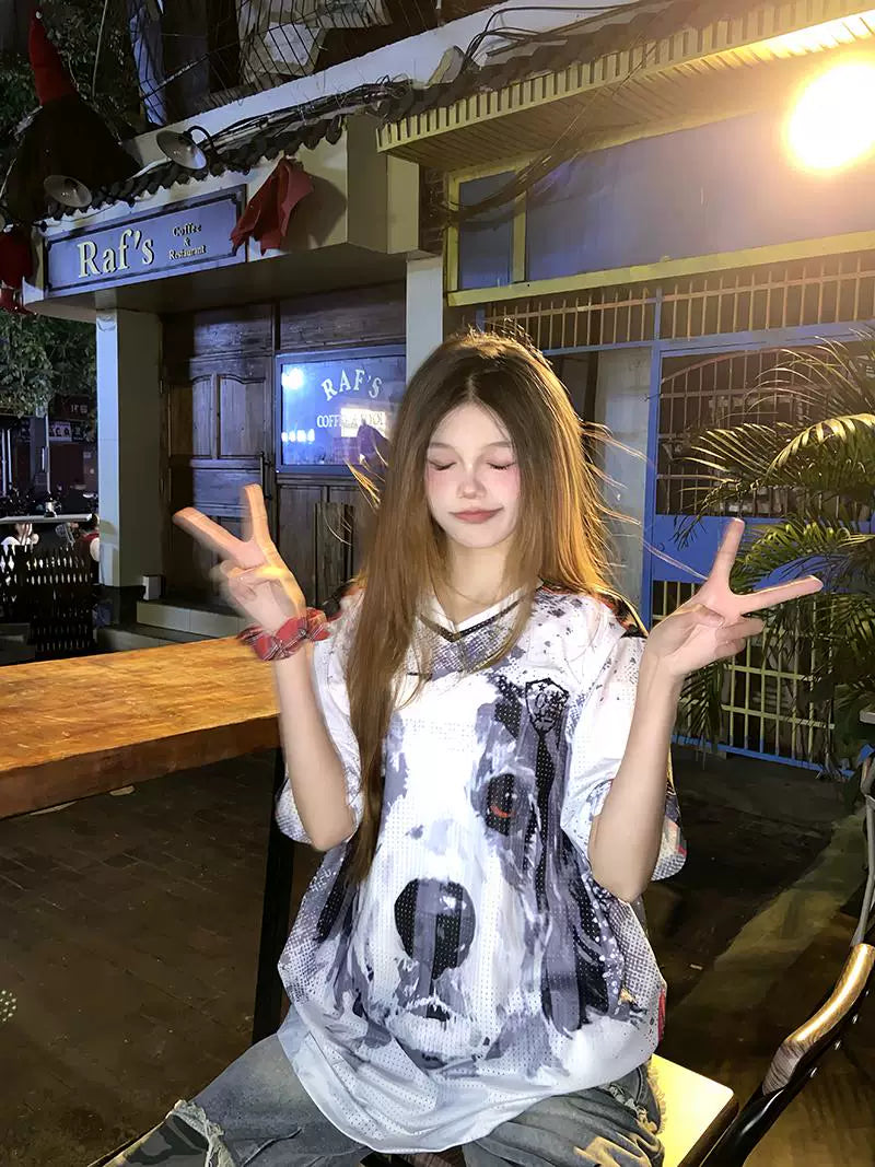 SIXMINU Splicing Breathable Dog Hip Hop V Neck T Shirt