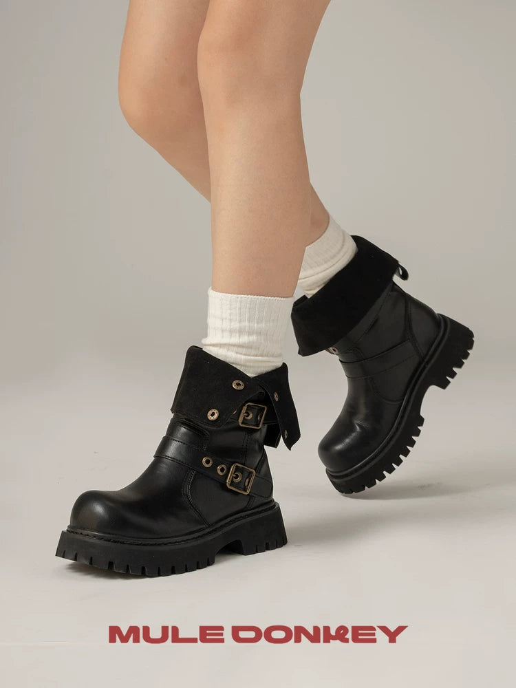 Donkey Thick Heeled Mid Calf Belt Boots