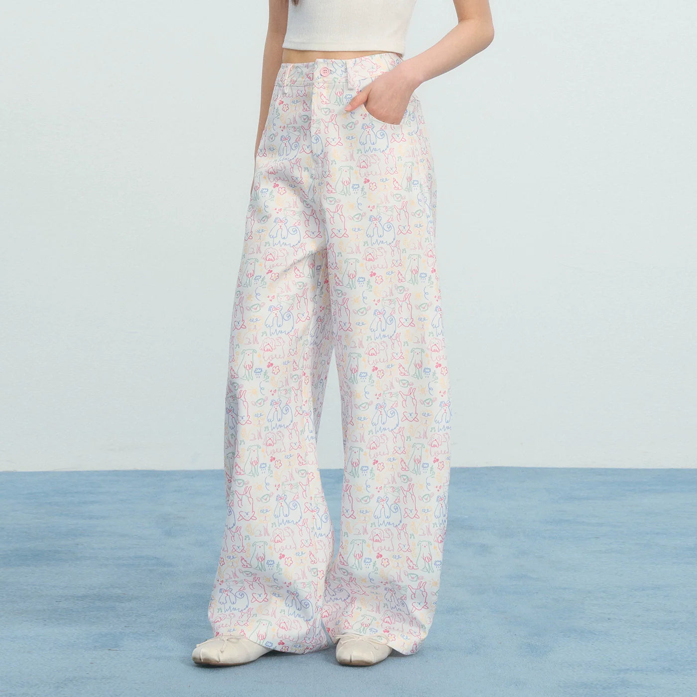 Umoumo Loose Color Puppy Graffiti Printed Casual Pants